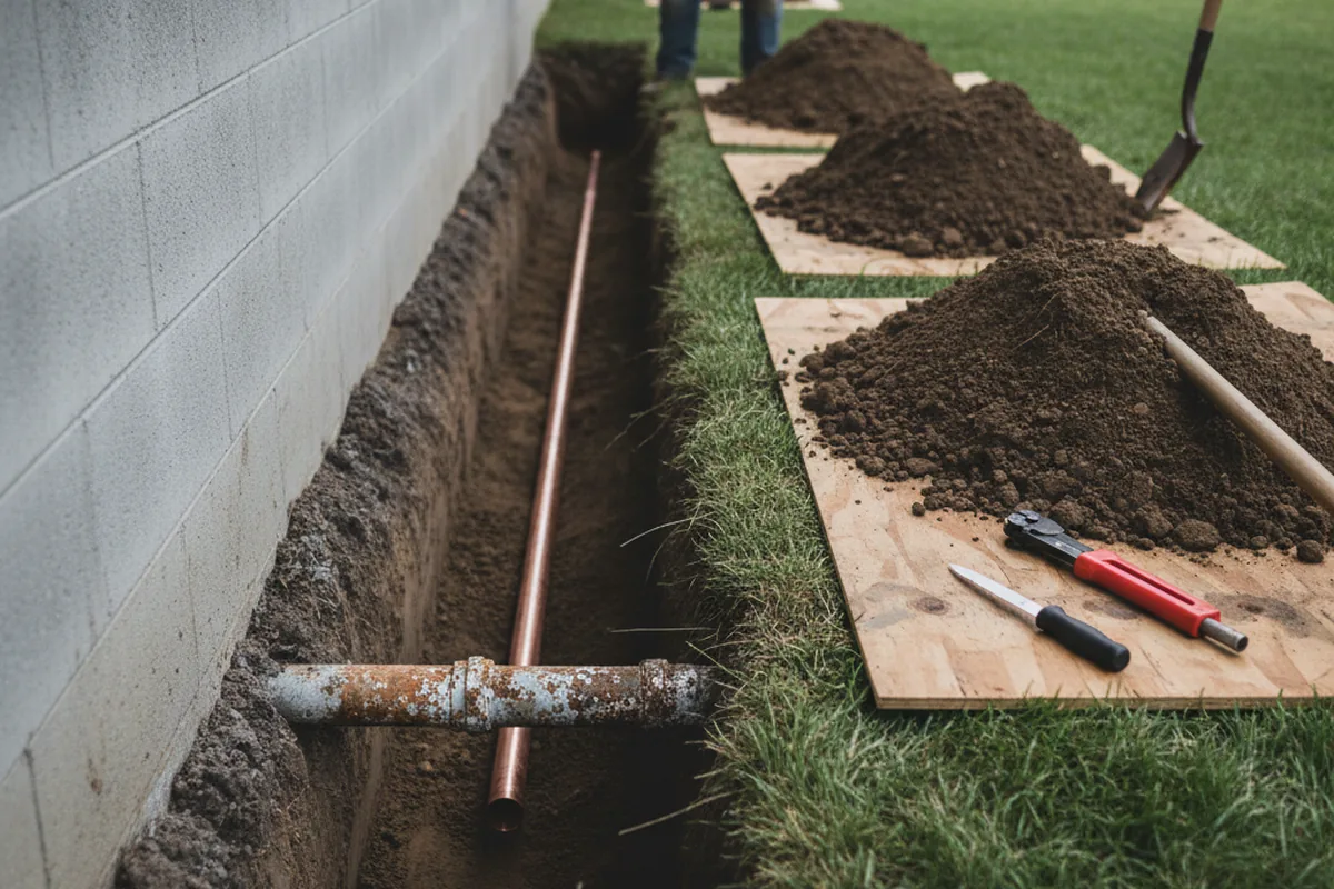 Excavated water line trench during Sewer Line Repair in Osceola